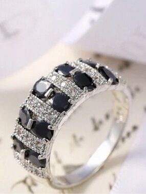 Sterling-Style Black Gem Multi-Row Pavé Band Ring